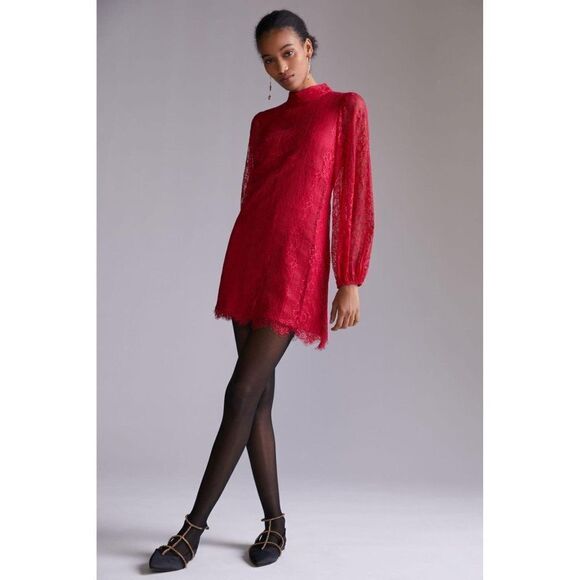 Anthropologie Maeve Open Back Lace Mini Dress Raspberry 12 Pockets Romantic Date - Picture 1 of 16